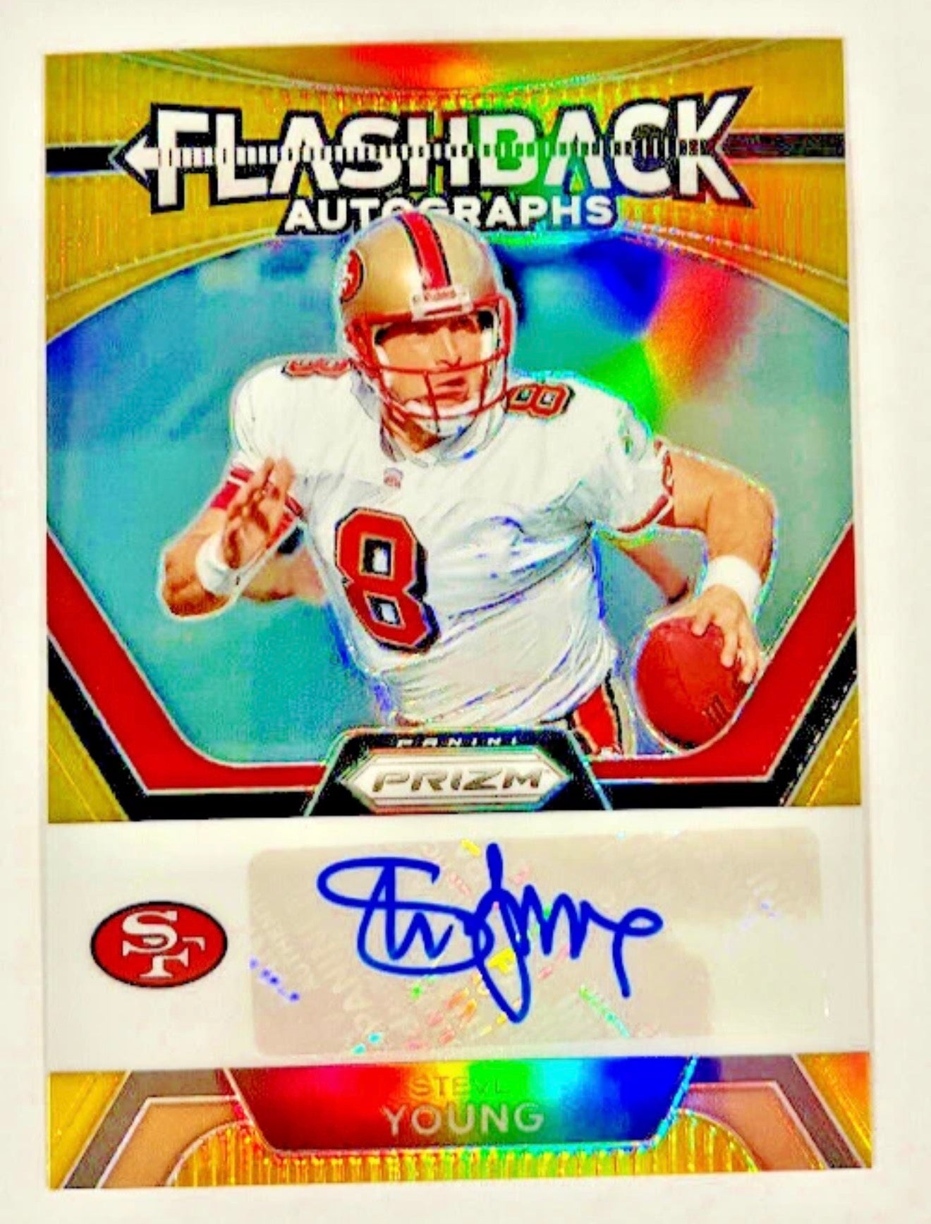 2023 Panini Prizm Football STEVE YOUNG Gold Flashback Auto #08/10 JERSEY # SF 49ERS (JC)