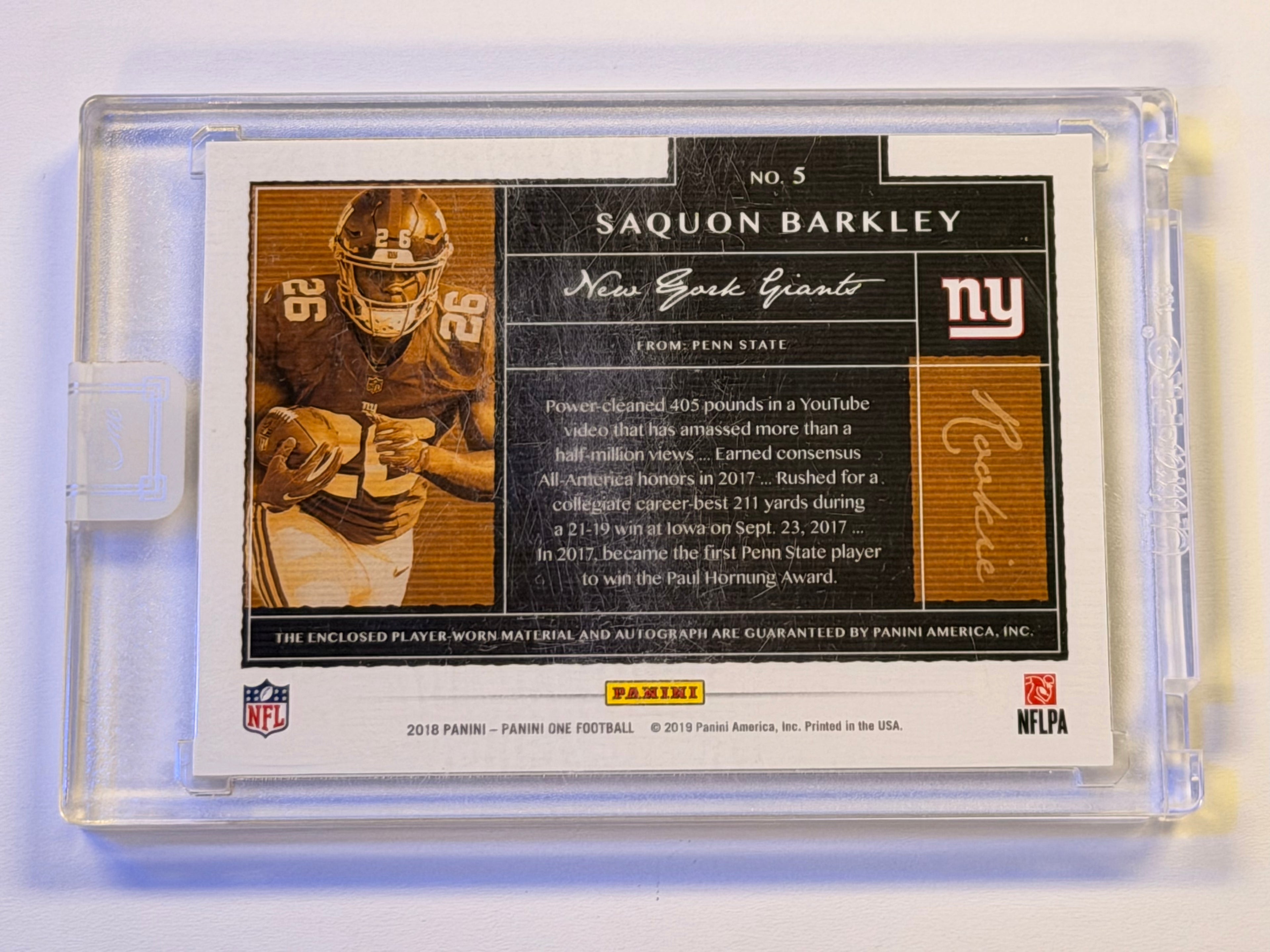 2018 PANINI ONE ROOKIE PATCH AUTO SAQUON BARKLEY #5 RED 04/25 (ES)