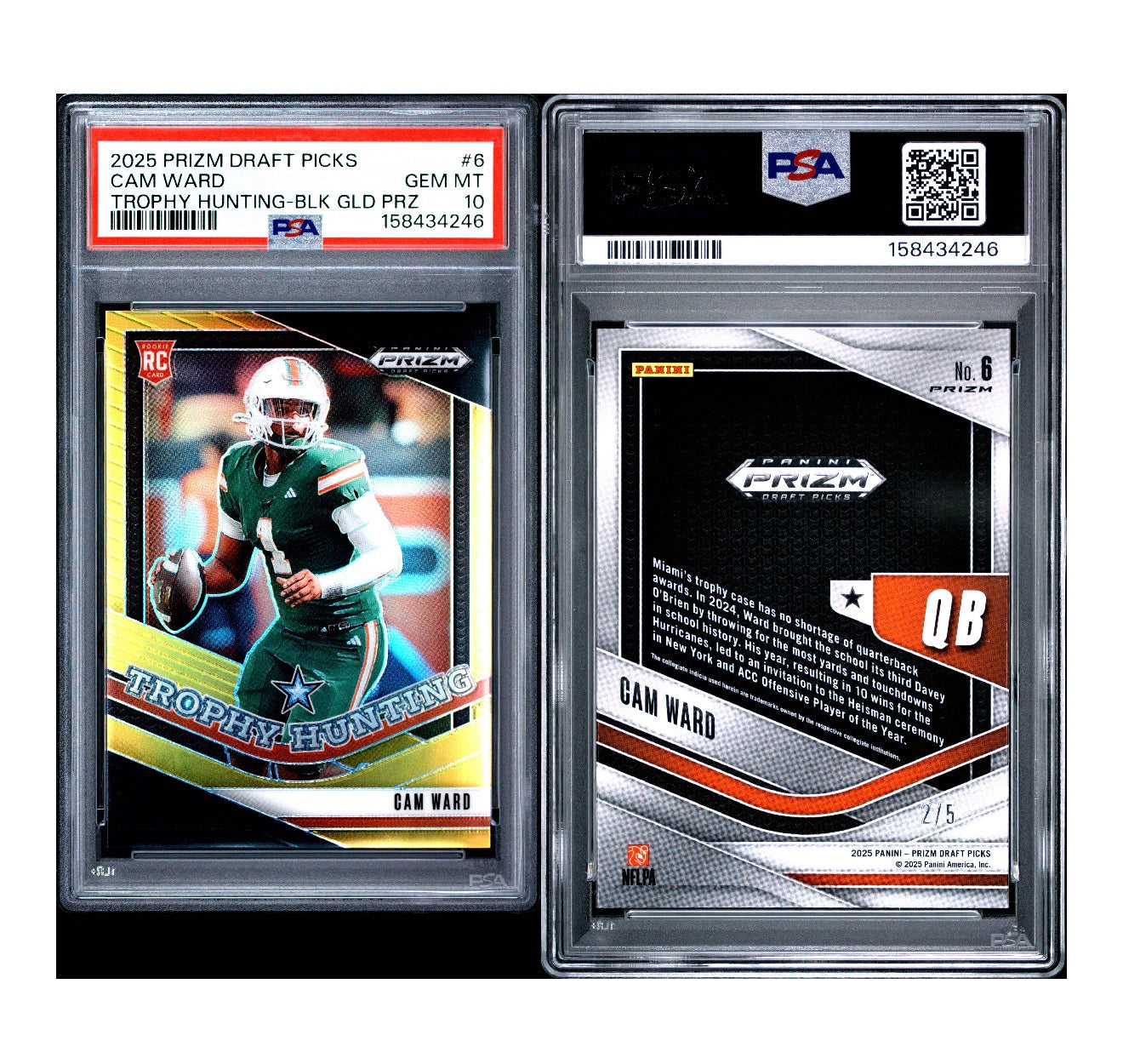 2025 PANINI PRIZM DRAFT PICKS TROPHY HUNTING #6 CAM WARD TROPHY HUNTING-BLK GLD PRZ PSA 10 (TSR)