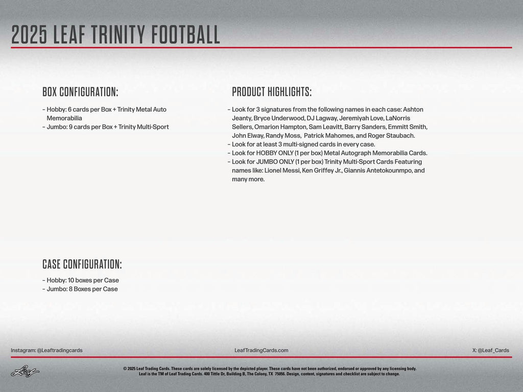 2025 Leaf Trinity Football Hobby Jumbo Box (12/5)