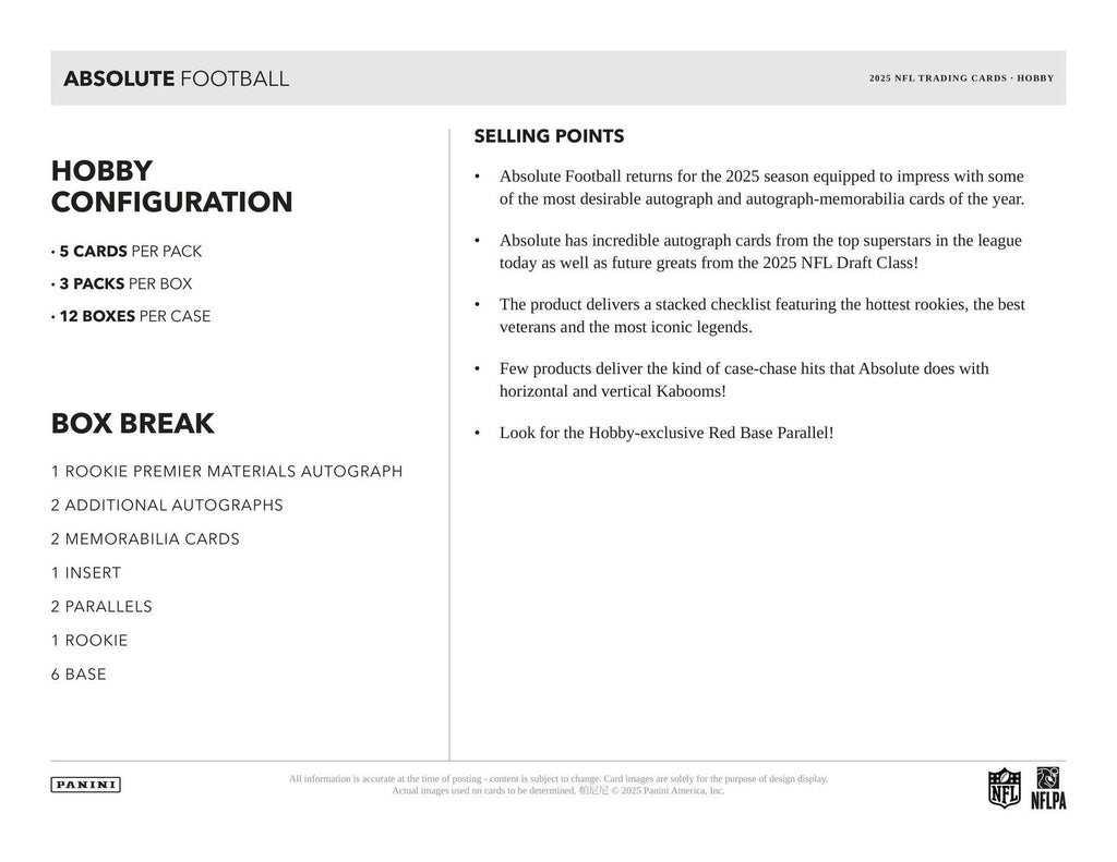 2025 Panini Absolute Football Hobby Box (10/31)