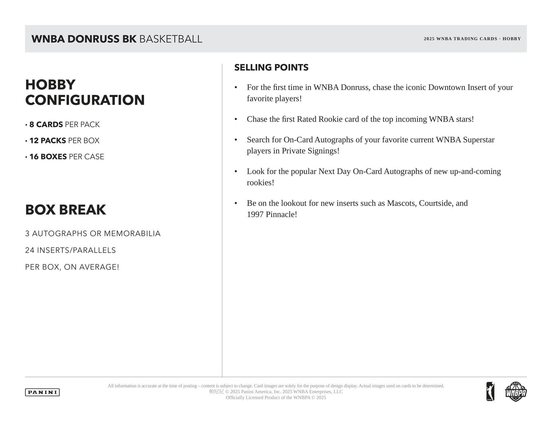 2025 Panini Donruss WNBA Basketball Hobby Box (10/23)