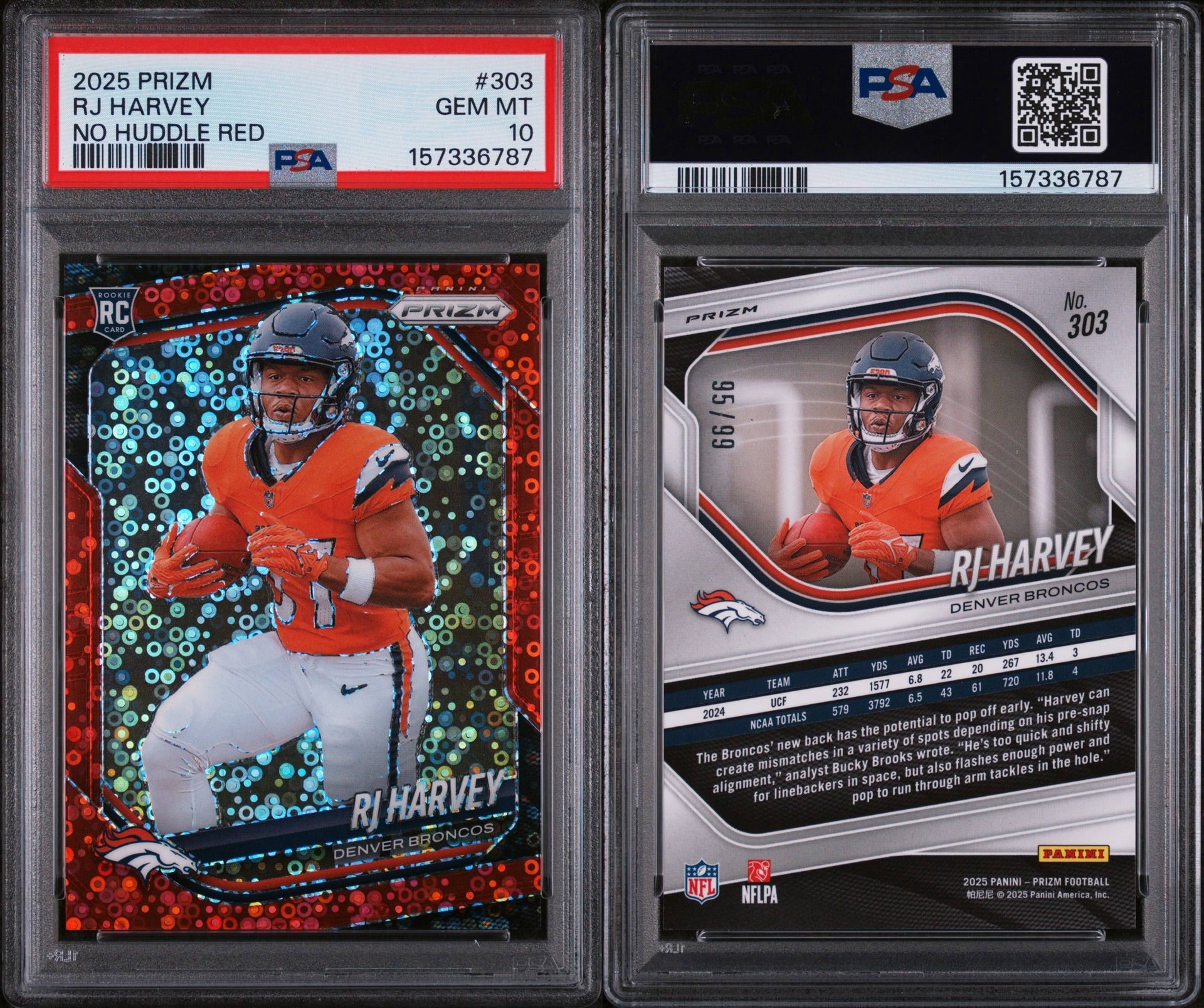2025 PANINI PRIZM #303 RJ HARVEY NO HUDDLE RED 95/99 PSA 10 (SY)