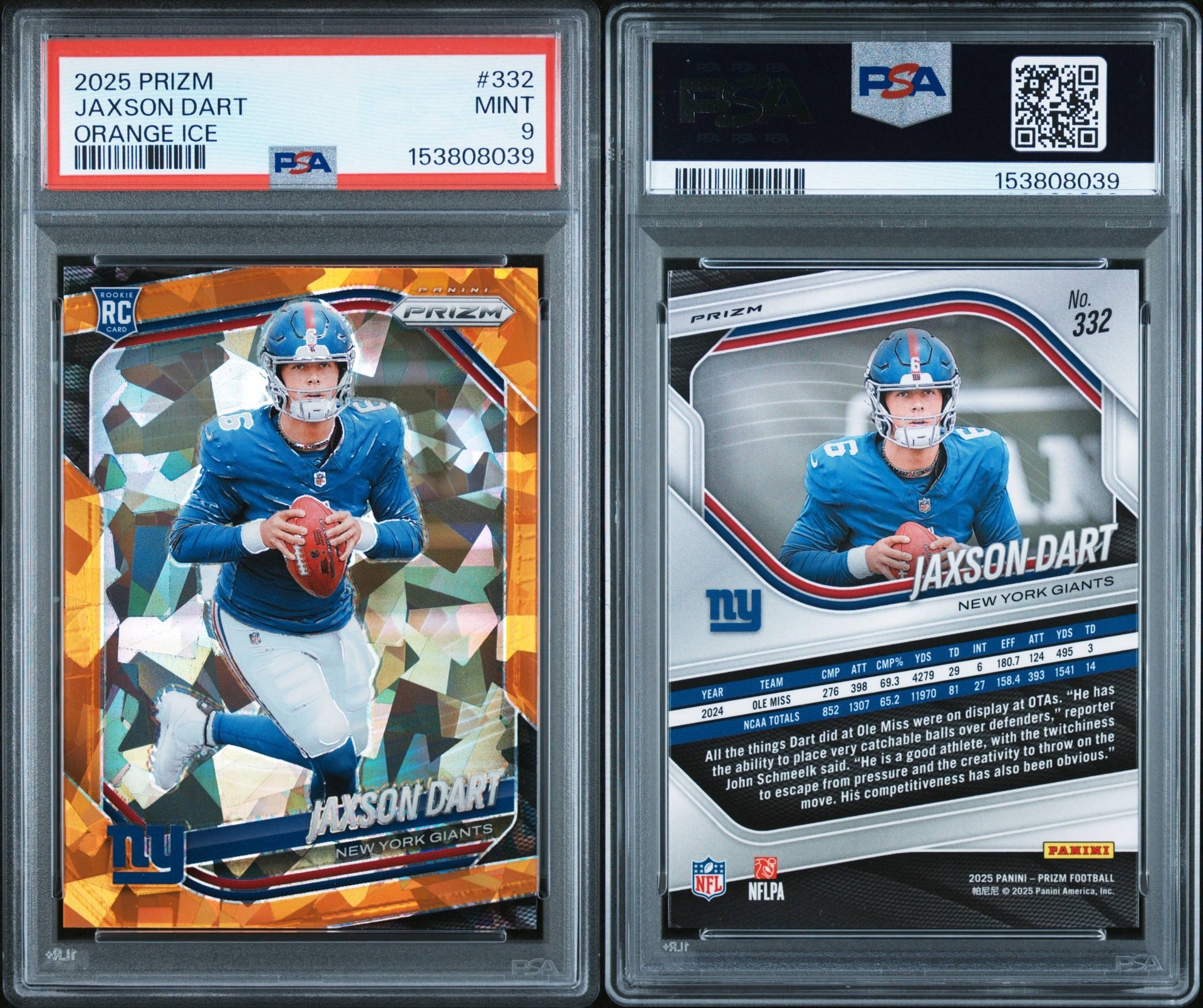 2025 PANINI PRIZM #332 JAXSON DART ORANGE ICE PSA 9 (SY)