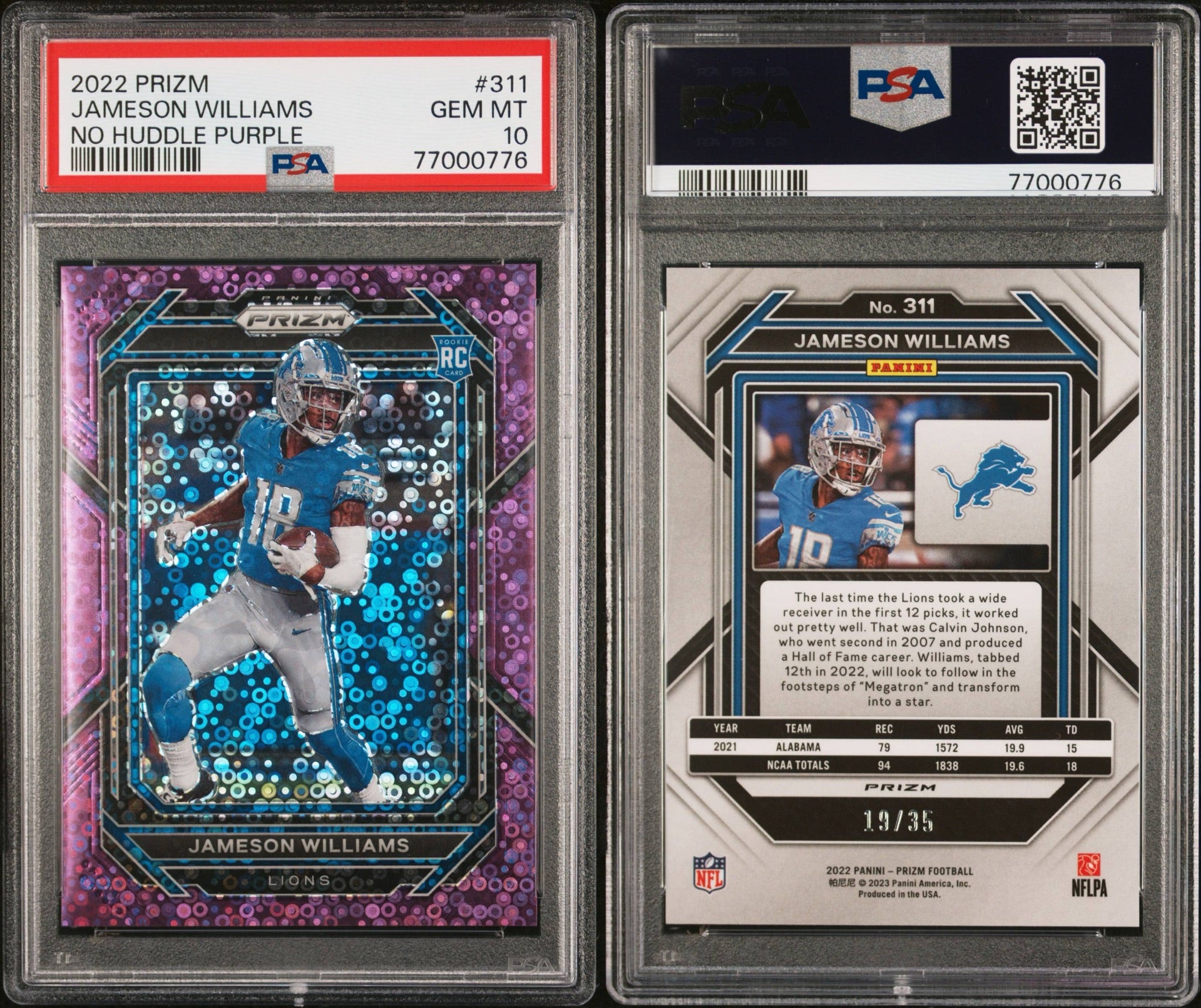 2022 PANINI PRIZM #311 JAMESON WILLIAMS NO HUDDLE PURPLE 19/35 PSA 10 (SY)