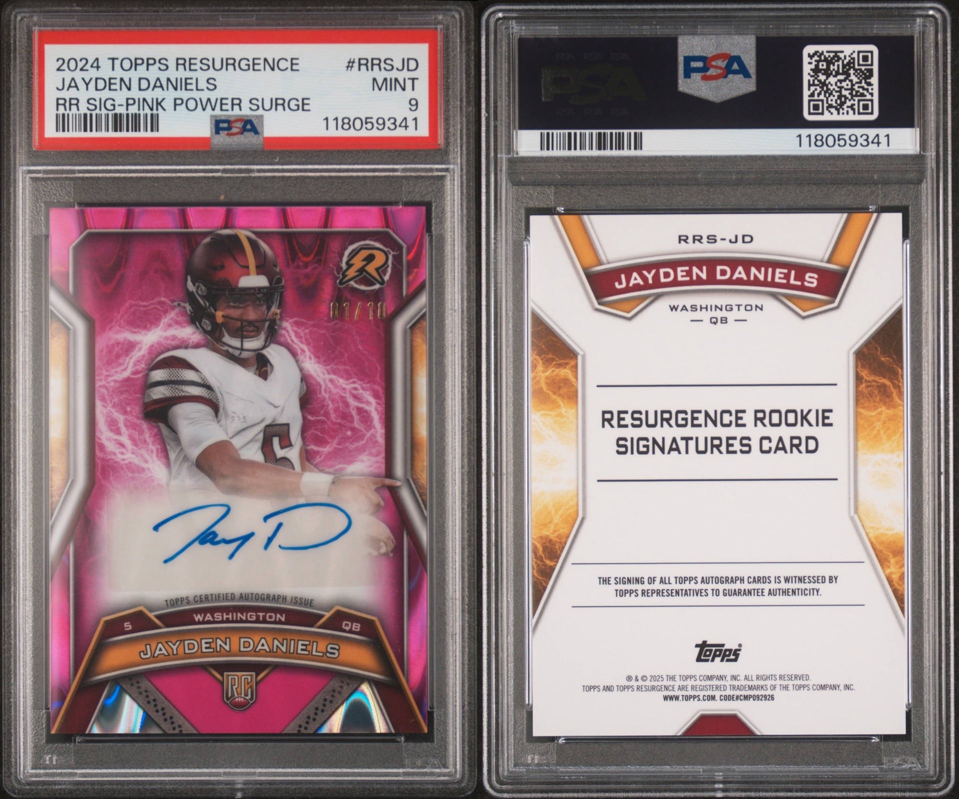 2024 TOPPS RESURGENCE ROOKIE SIGNATURES #RRSJD JAYDEN DANIELS RR SIG-PINK POWER SURGE 1/10 PSA 9 (RB)