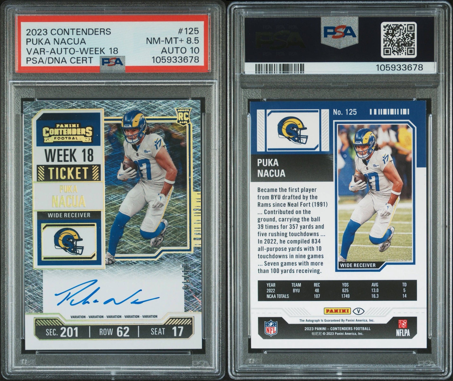 2023 PANINI CONTENDERS #125 PUKA NACUA VAR-AUTO WEEK 18 PSA 8.5 / PSA 10 AUTO (NW)