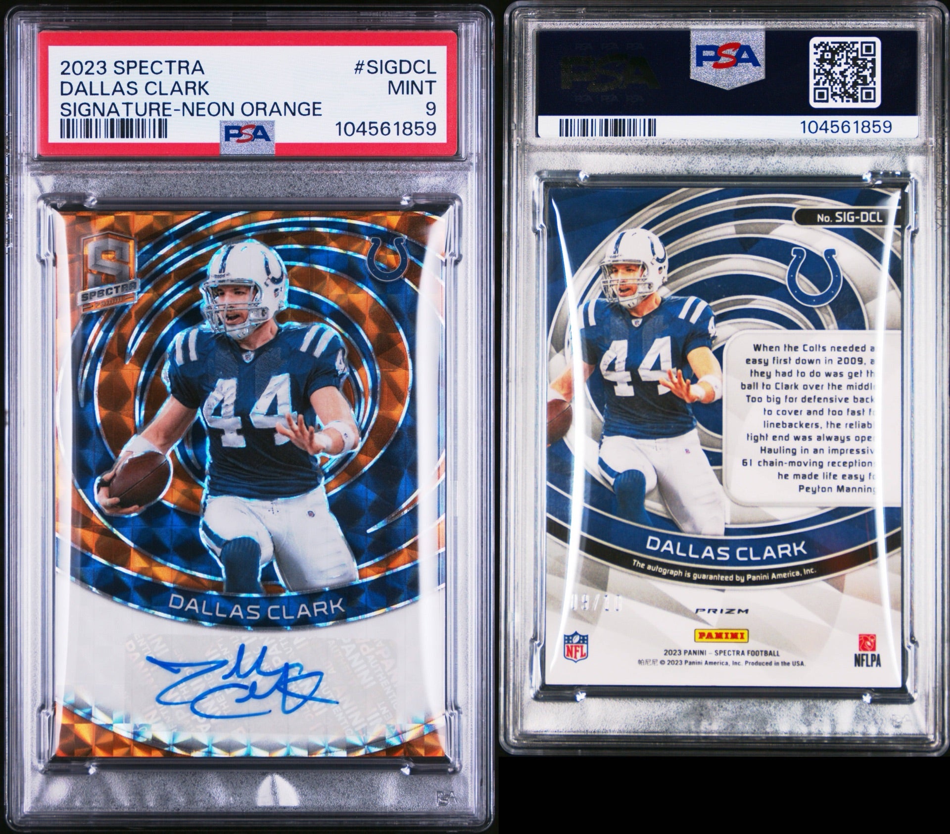 2023 PANINI SPECTRA SIGNATURES #SIGDCL DALLAS CLARK SIGNATURE-NEON ORANGE 09/10 PSA 9 (CS)