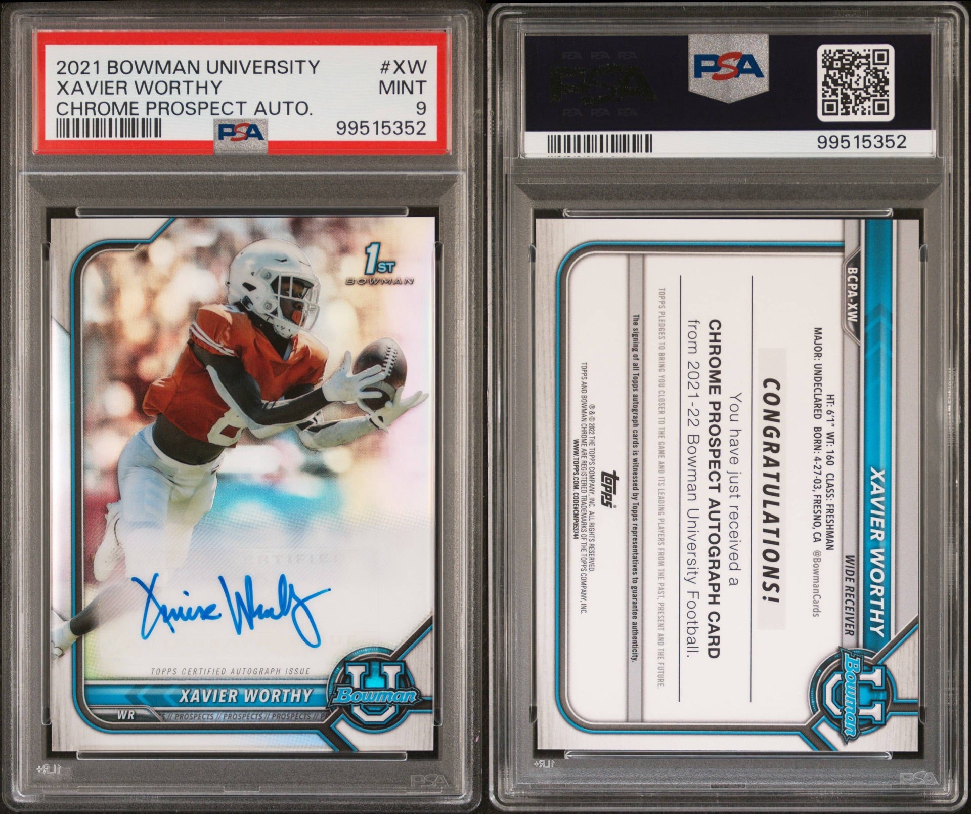 2021 BOWMAN UNIVERSITY CHROME PROSPECT AUTOGRAPHS #XW XAVIER WORTHY CHROME PROSPECT AUTOGRAPH PSA 9 MINT (RS)