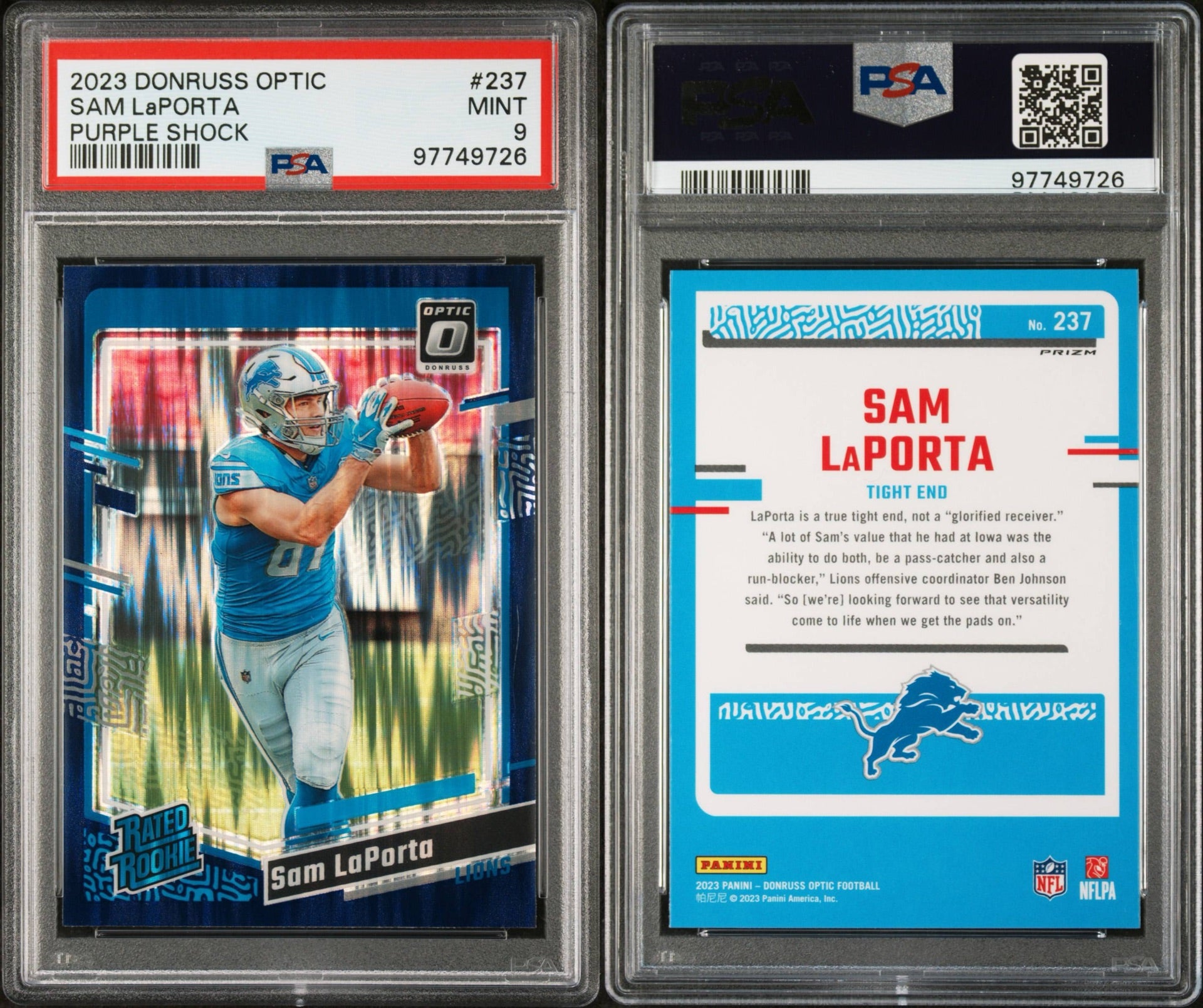 2023 PANINI DONRUSS OPTIC #237 SAM LAPORTA PURPLE SHOCK PSA 9 MINT (RS)