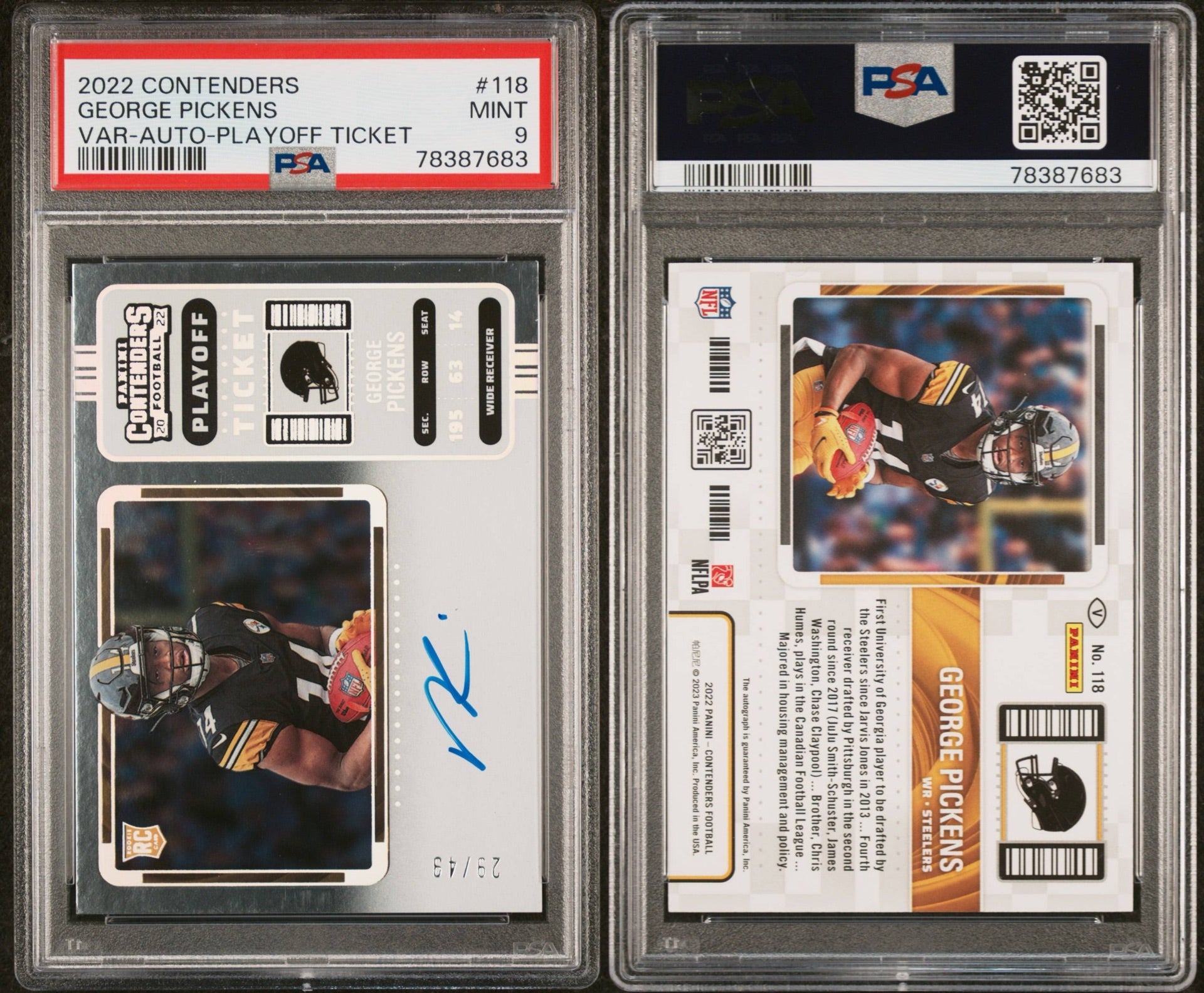 2022 PANINI CONTENDERS #118 GEORGE PICKENS VAR-AUTO-PLAYOFF TICKET 29/49 PSA 9 MINT (RS)