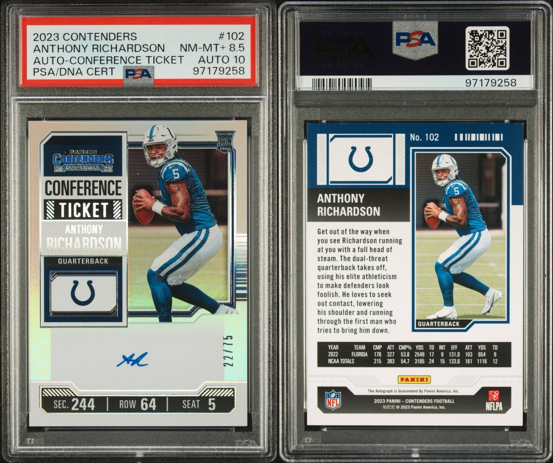 2023 PANINI CONTENDERS #102 ANTHONY RICHARDSON AUTO-CONFERENCE TICKET 22/75 PSA 8.5 / PSA 10 AUTO (NW)