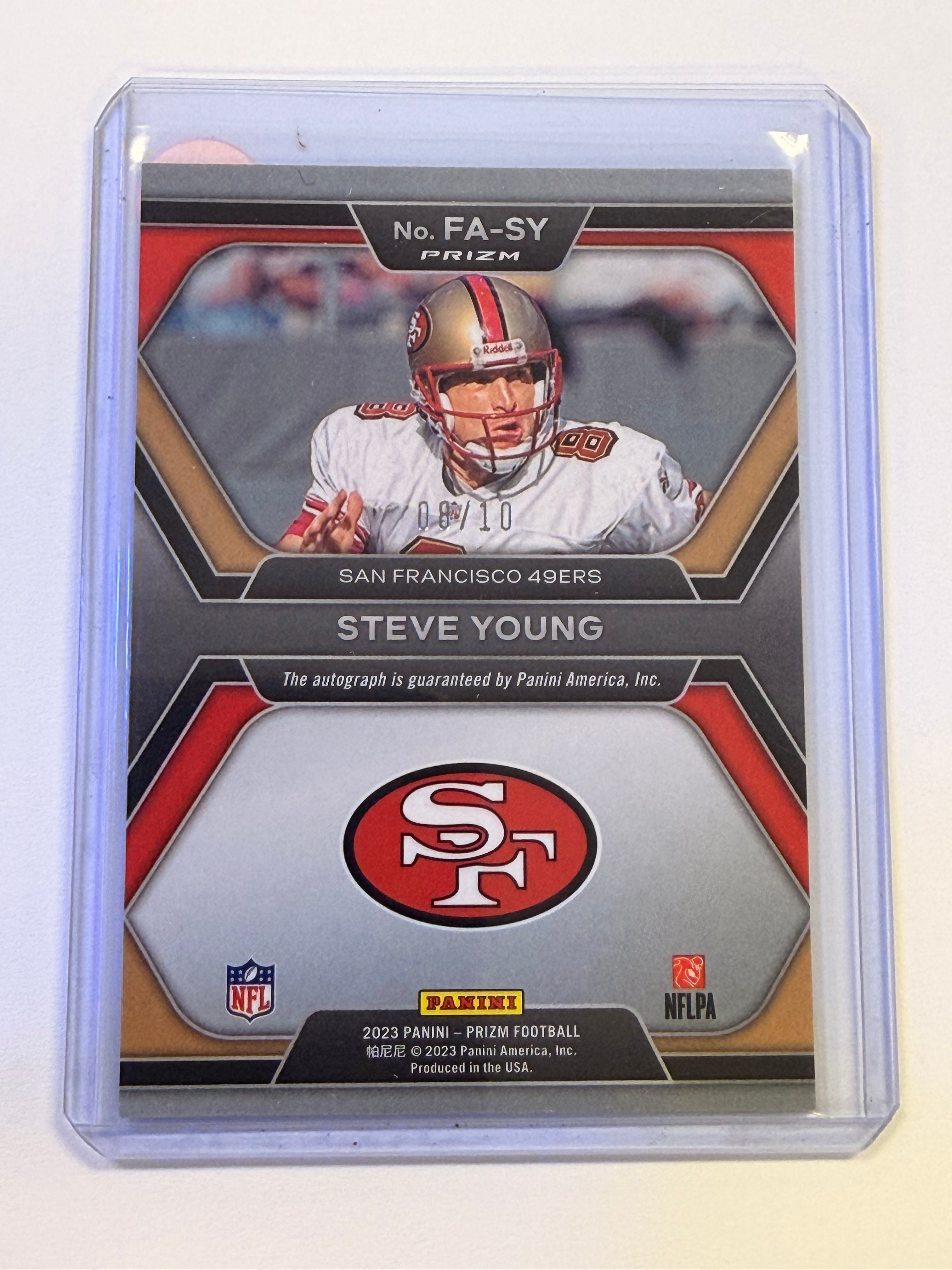 2023 Panini Prizm Football STEVE YOUNG Gold Flashback Auto #08/10 JERSEY # SF 49ERS (JC)