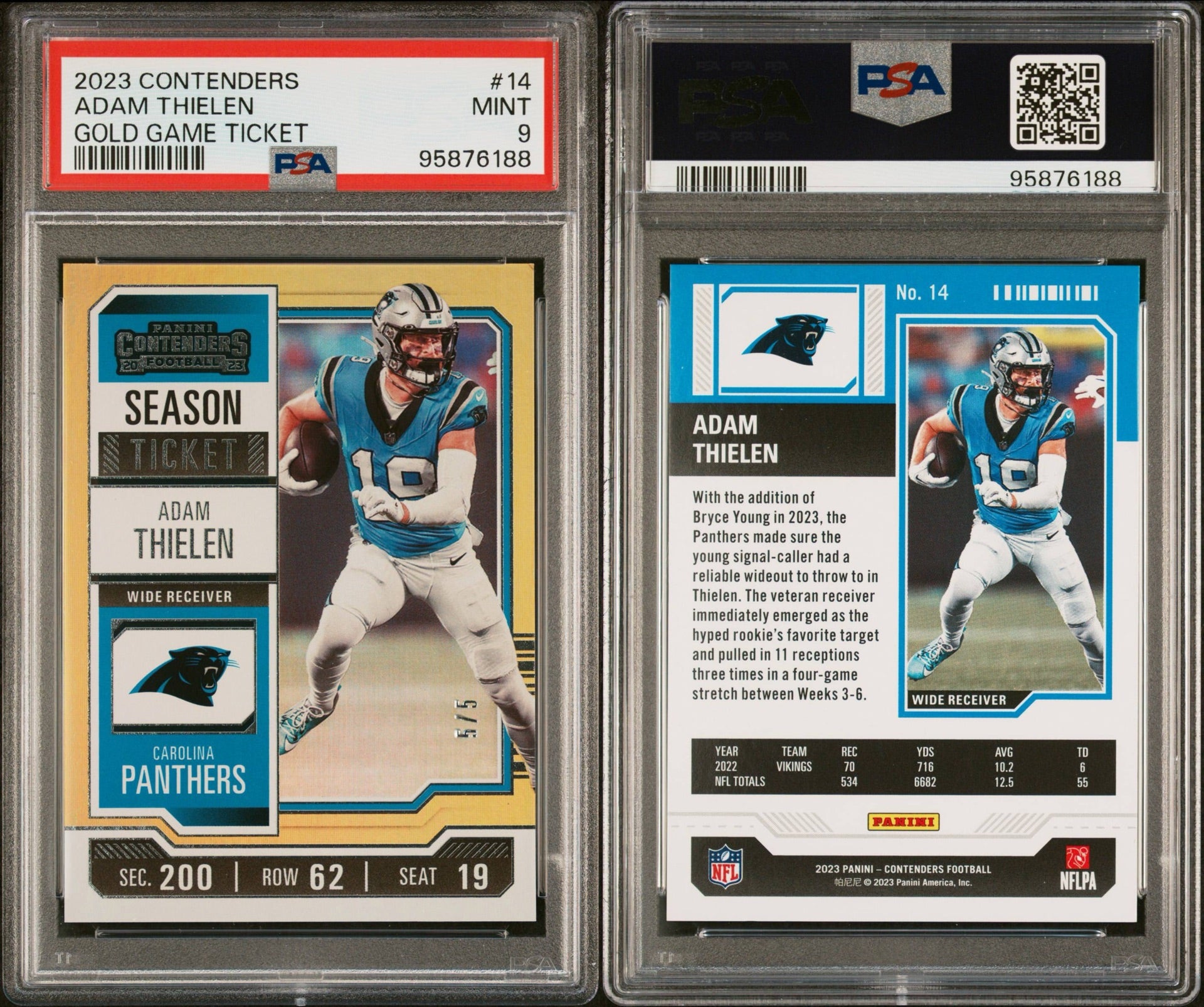 2023 PANINI CONTENDERS #14 ADAM THIELEN GOLD GAME TICKET 5/5 PSA 9 (NW)