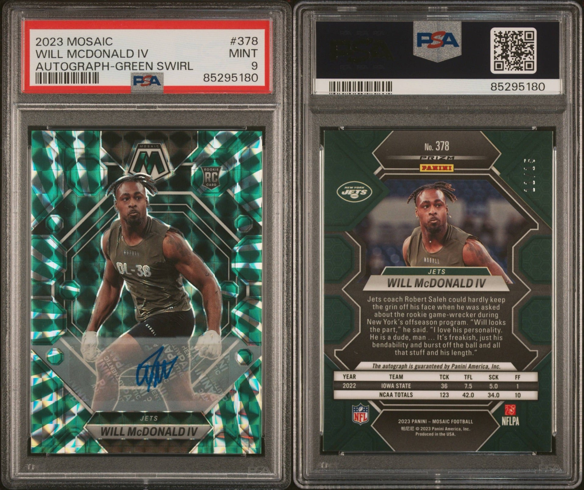 2023 PANINI MOSAIC #378 WILL MCDONALD IV AUTOGRAPH-GREEN SWIRL 11/15 (NW)