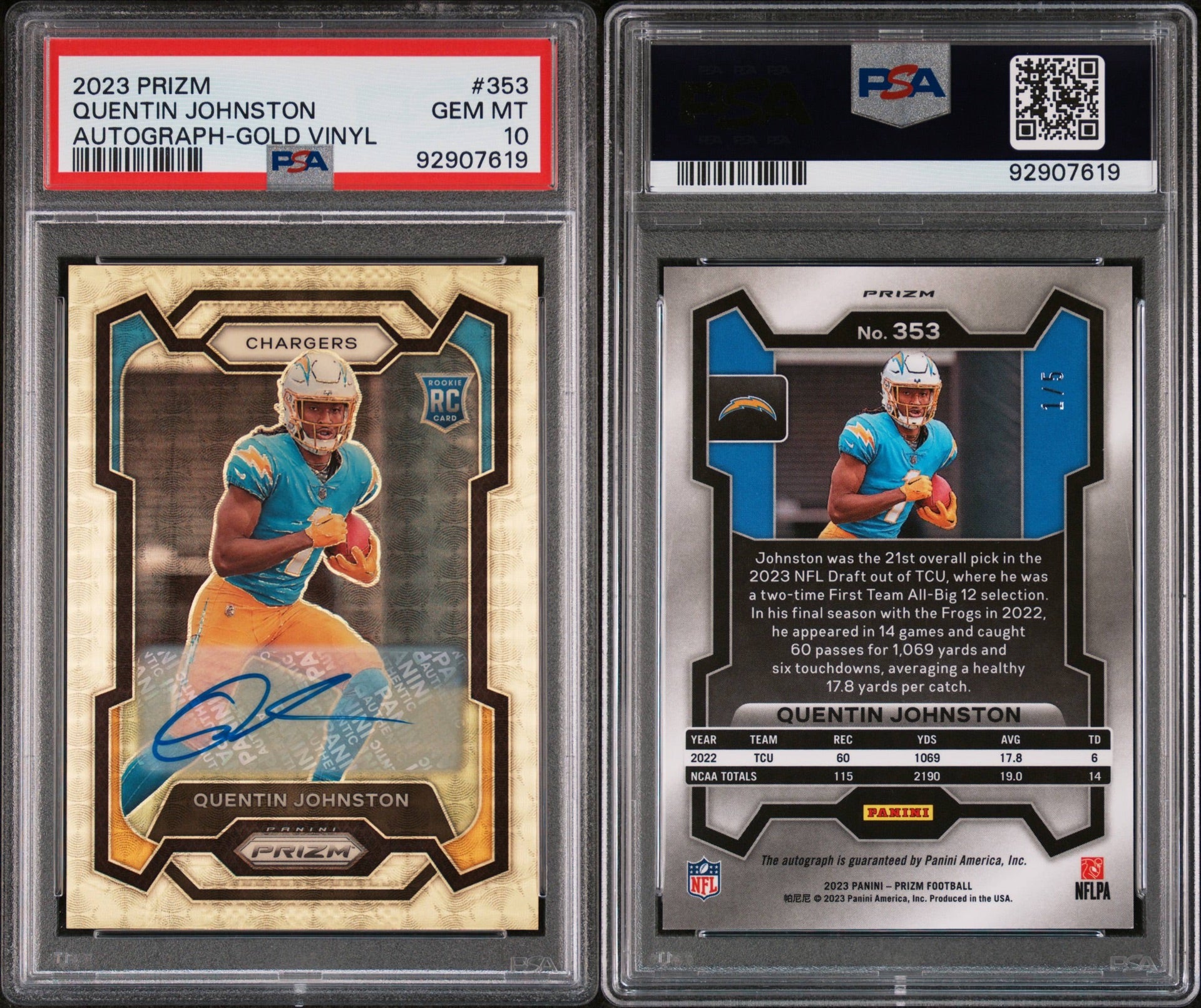 2023 PANINI PRIZM #353 QUENTIN JOHNSTON AUTOGRAPH-GOLD VINYL 1/5 PSA 10 (NW)