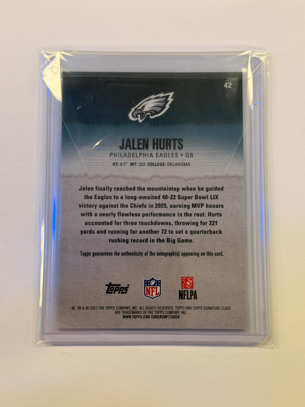 2025 TOPPS SIGNATURE CLASS #42 JALEN HURTS AUTOGRAPH-BLUE 5/5 (TSR)