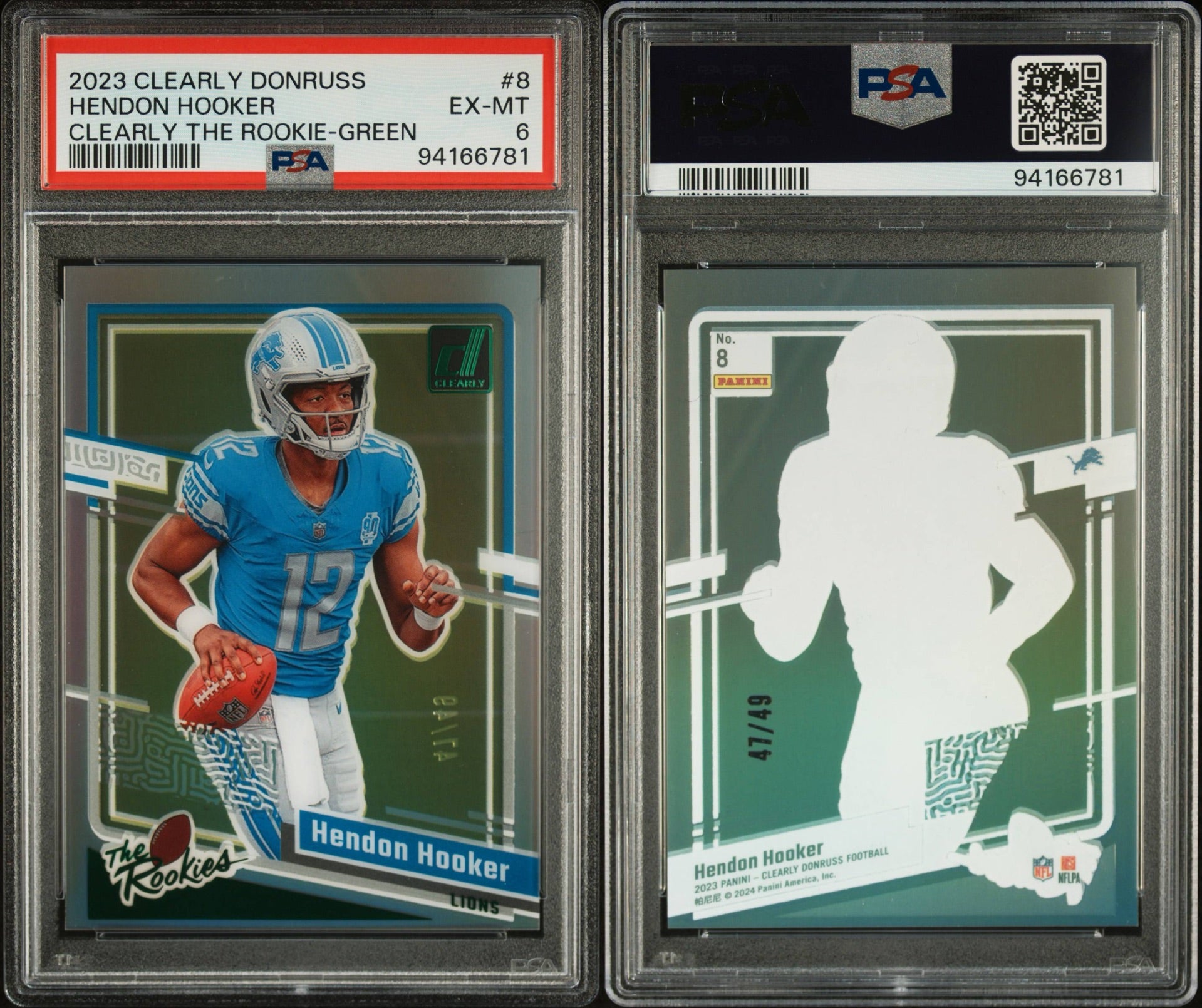 2023 PANINI CLEARLY DONRUSS CLEARLY THE ROOKIES #8 HENDON HOOKER CLEARLY THE ROOKIE-GREEN 47/49 PSA 6 (NW)