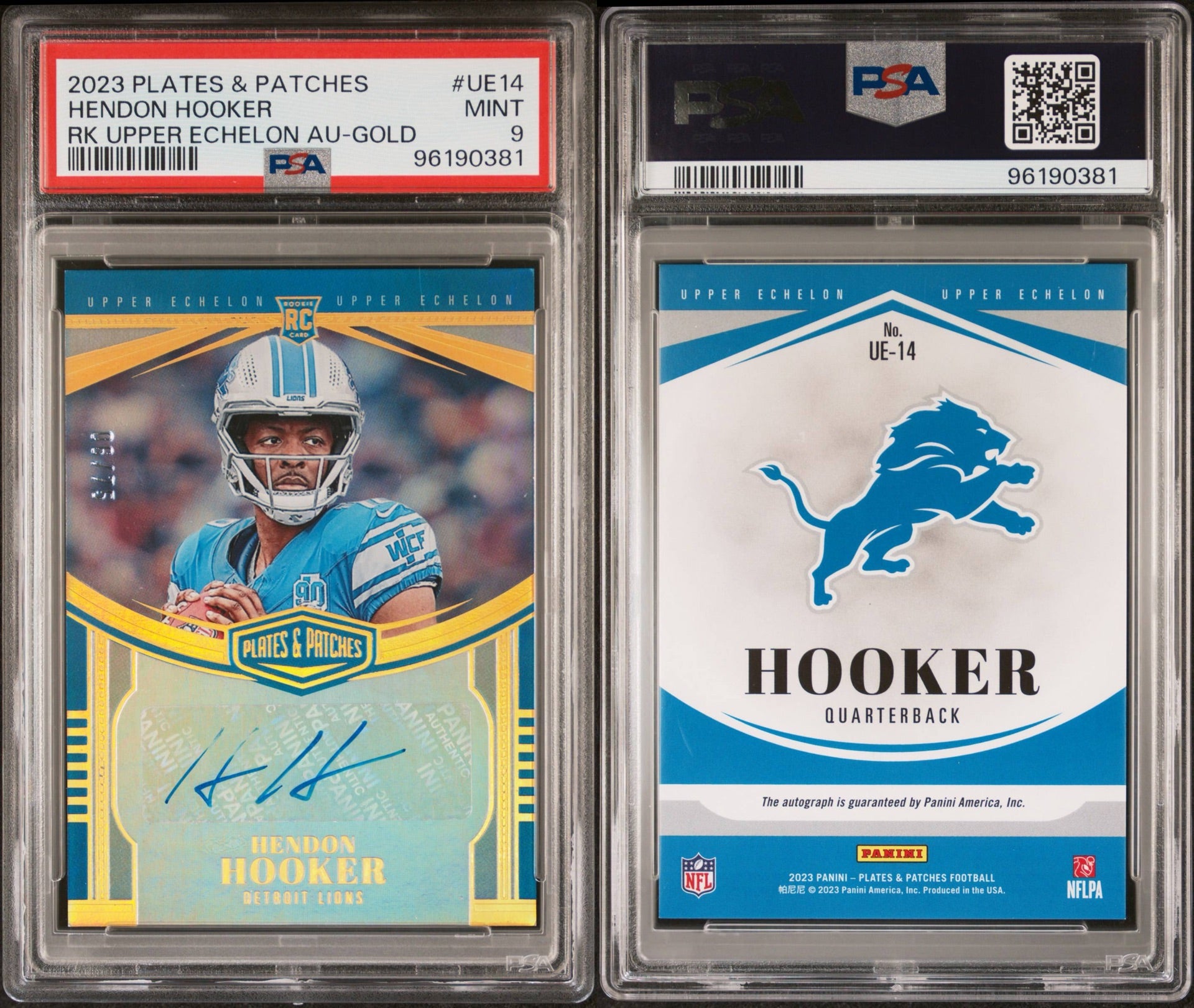 2023 PANINI PLATES & PATCHES ROOKIE UPPER ECHELON AUTOGRAPHS #UE14 HENDON HOOKER RK UPPER ECHELON AU-GOLD 06/75 PSA 9 (CS)
