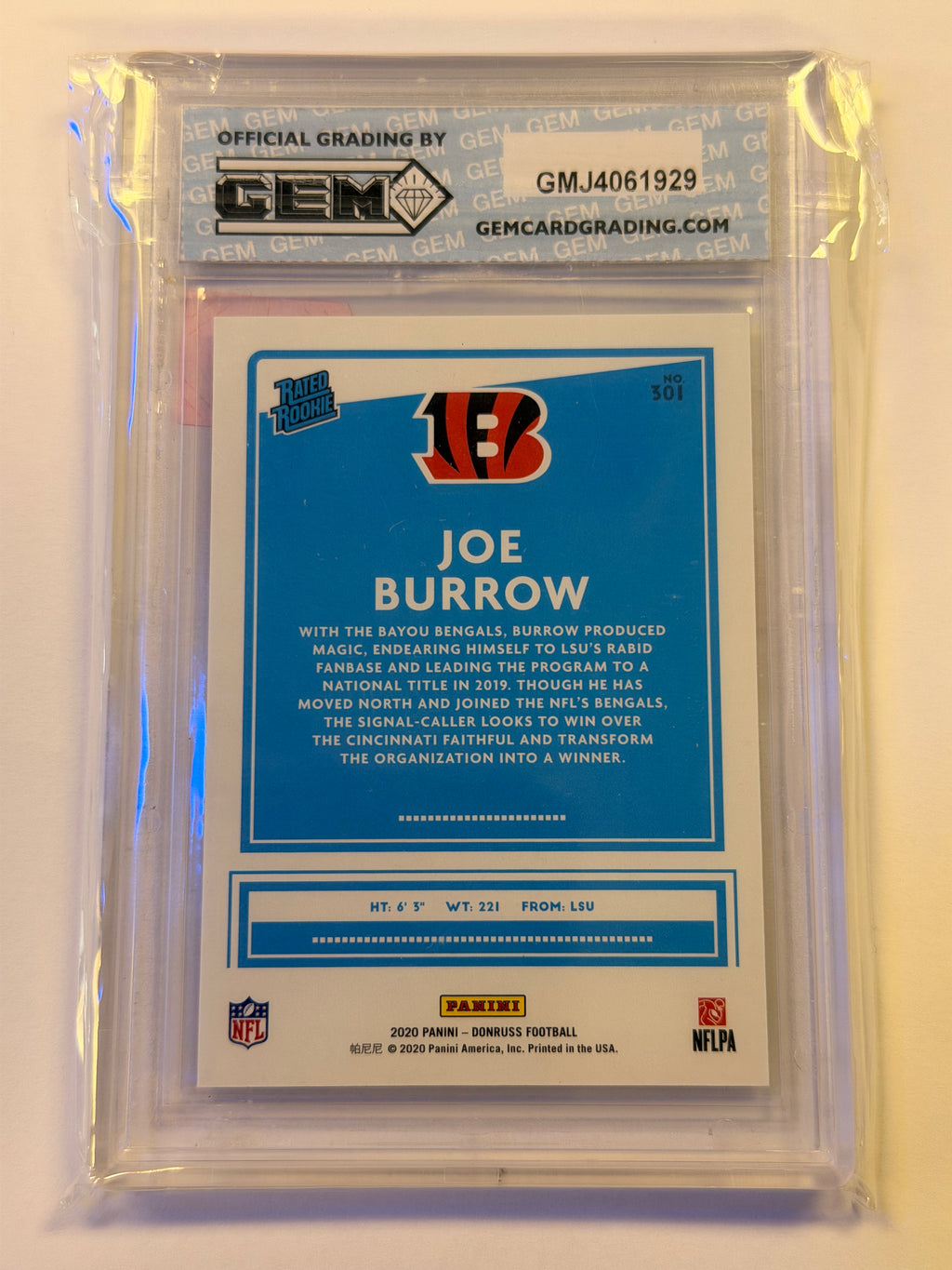 2020 PANINI DONRUSS 301 JOE BURROW BASE GEM 10 (GC)
