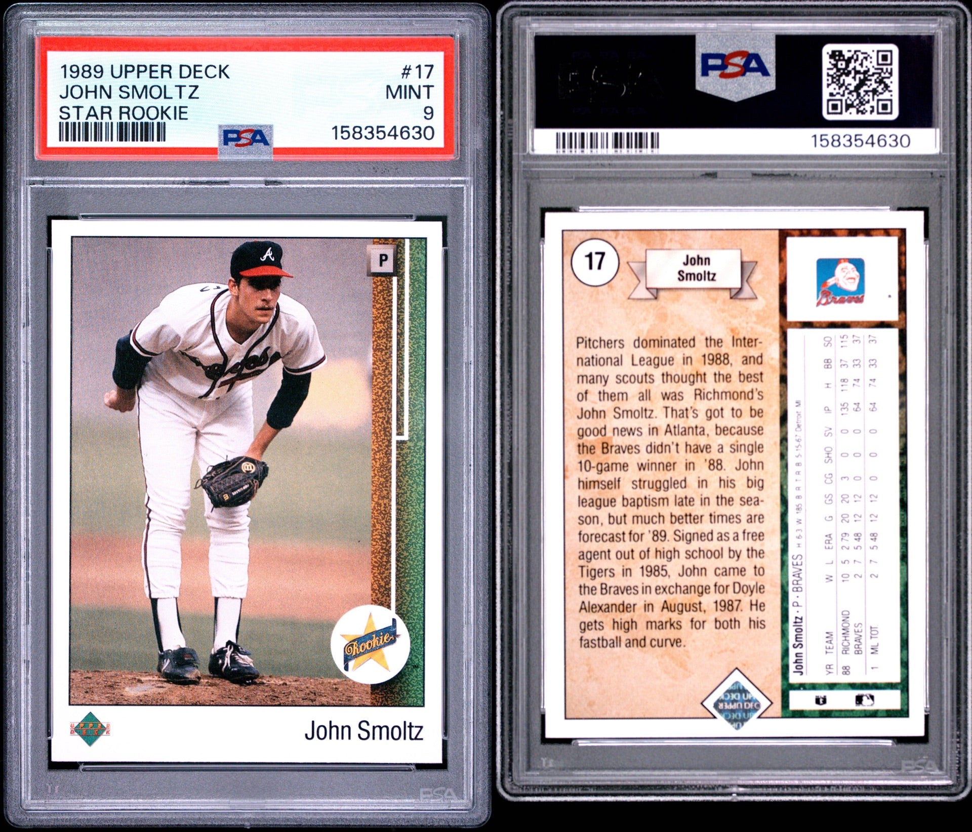 1989 UPPER DECK #17 JOHN SMOLTZ STAR ROOKIE PSA 10 (GC)