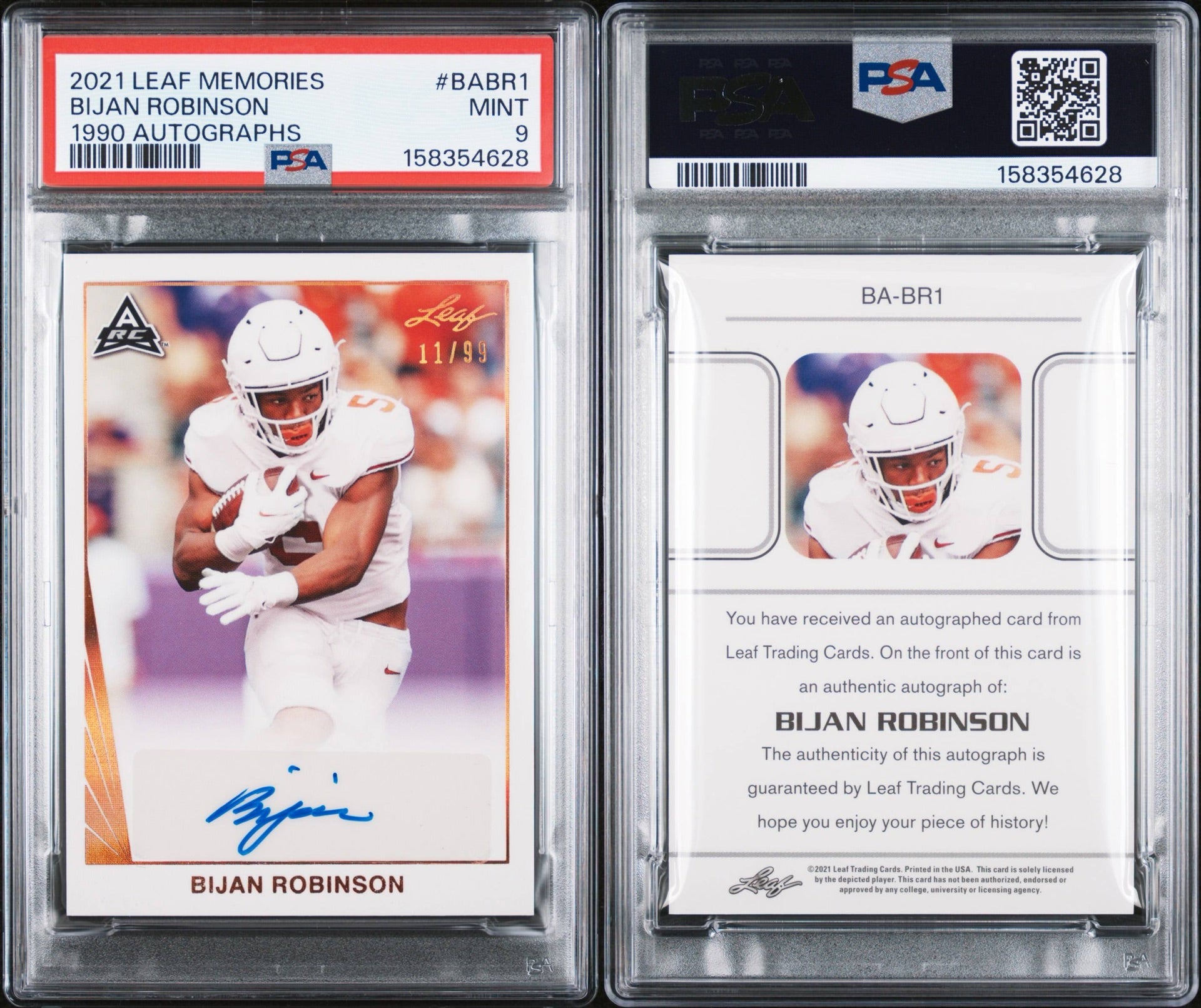 2021 LEAF MEMORIES 1990 AUTOGRAPHS #BABR1 BIJAN ROBINSON 11/99 PSA 9 (GC)