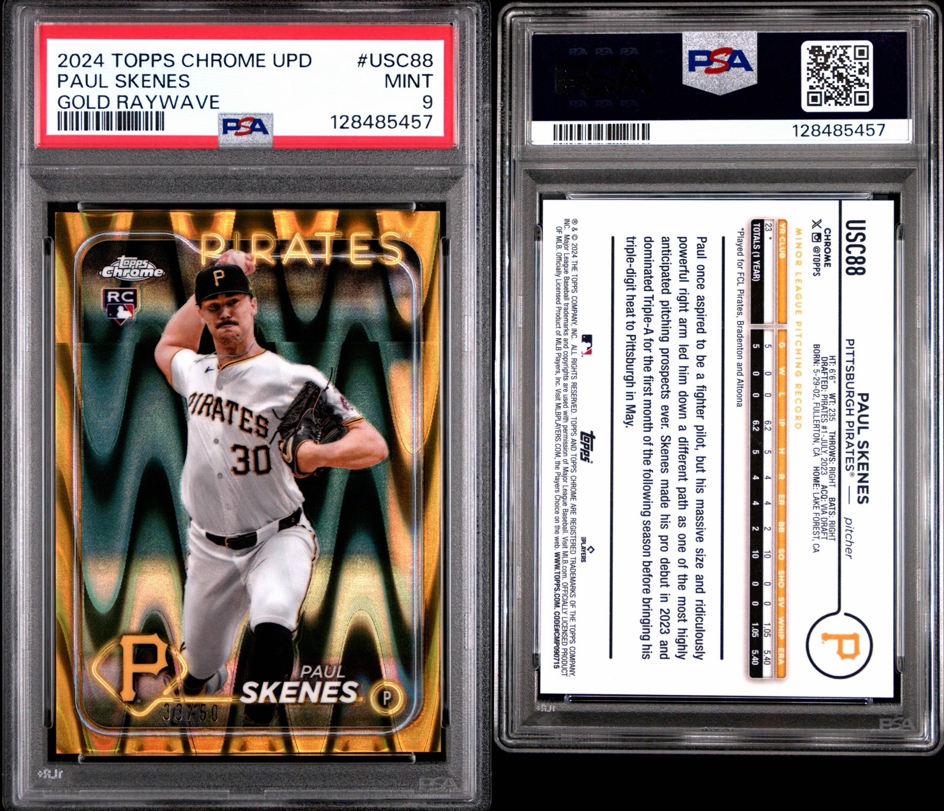 2024 TOPPS CHROME UPDATE #USC88 PAUL SKENES GOLD RAYWAVE 33/50 PSA 9 MINT (RS)