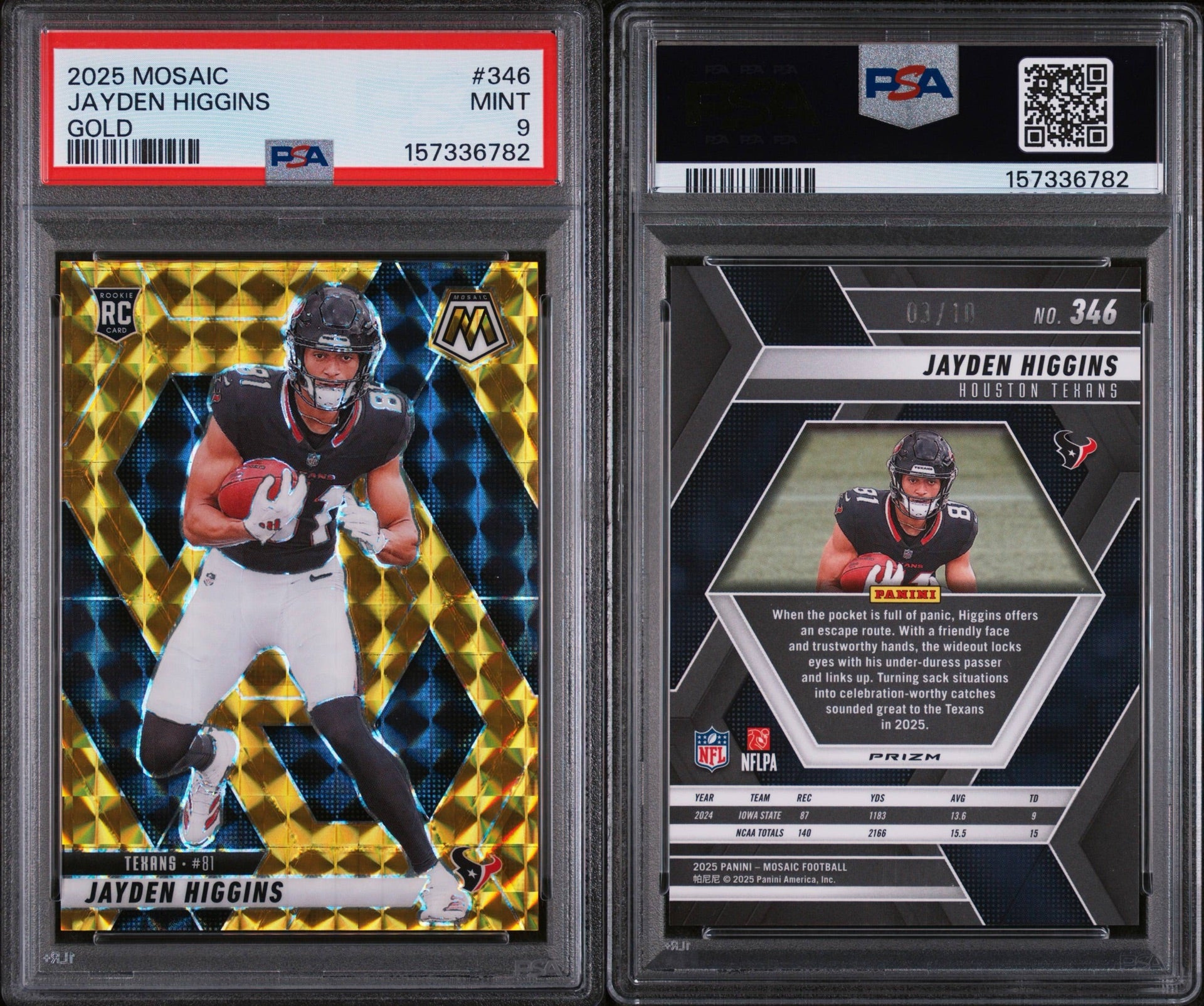 2025 PANINI MOSAIC #346 JAYDEN HIGGINS GOLD PRIZM 03/10 PSA 9 MINT (SY)