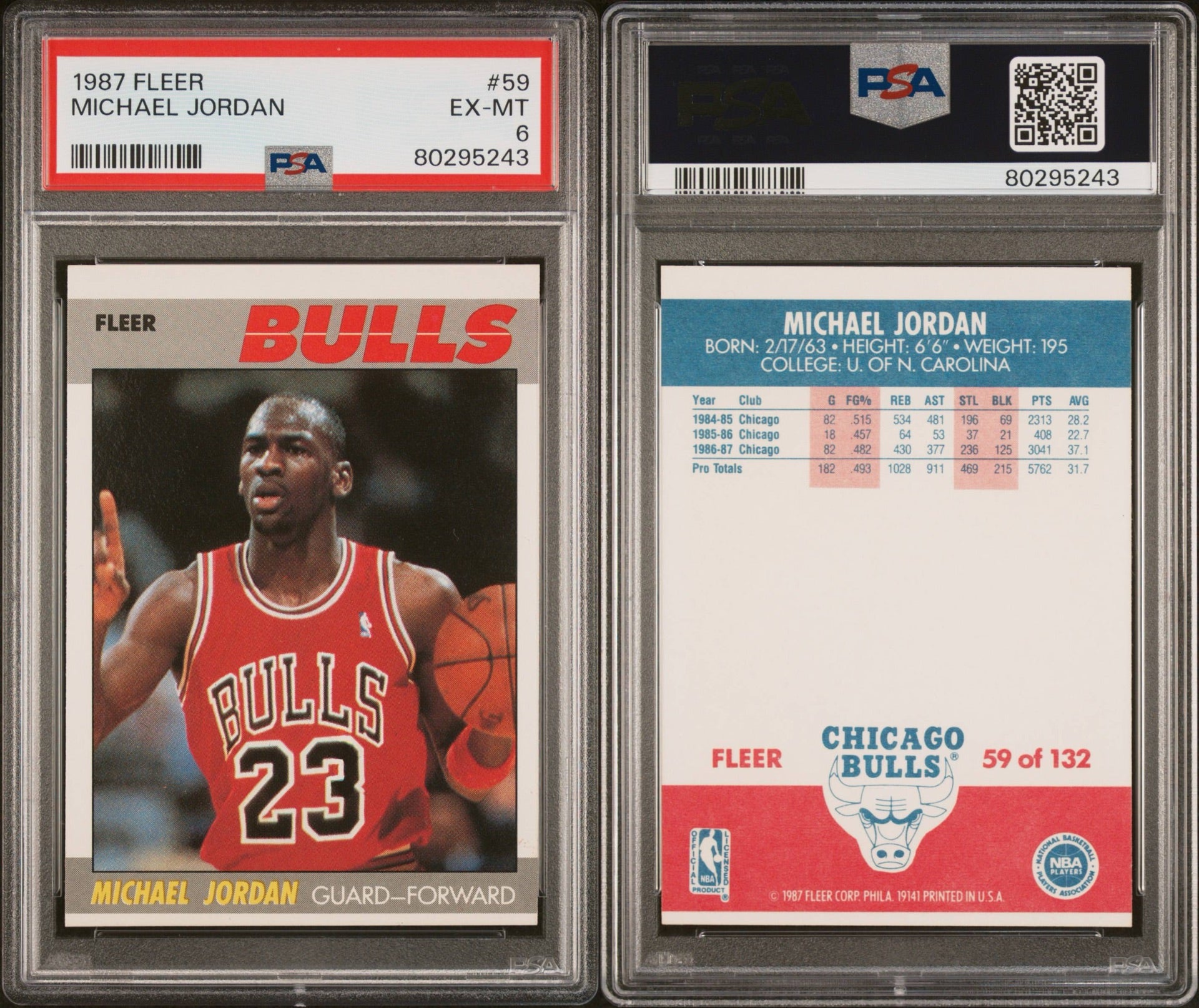 1987 FLEER #59 MICHAEL JORDAN PSA 6 EX-MT (SY)