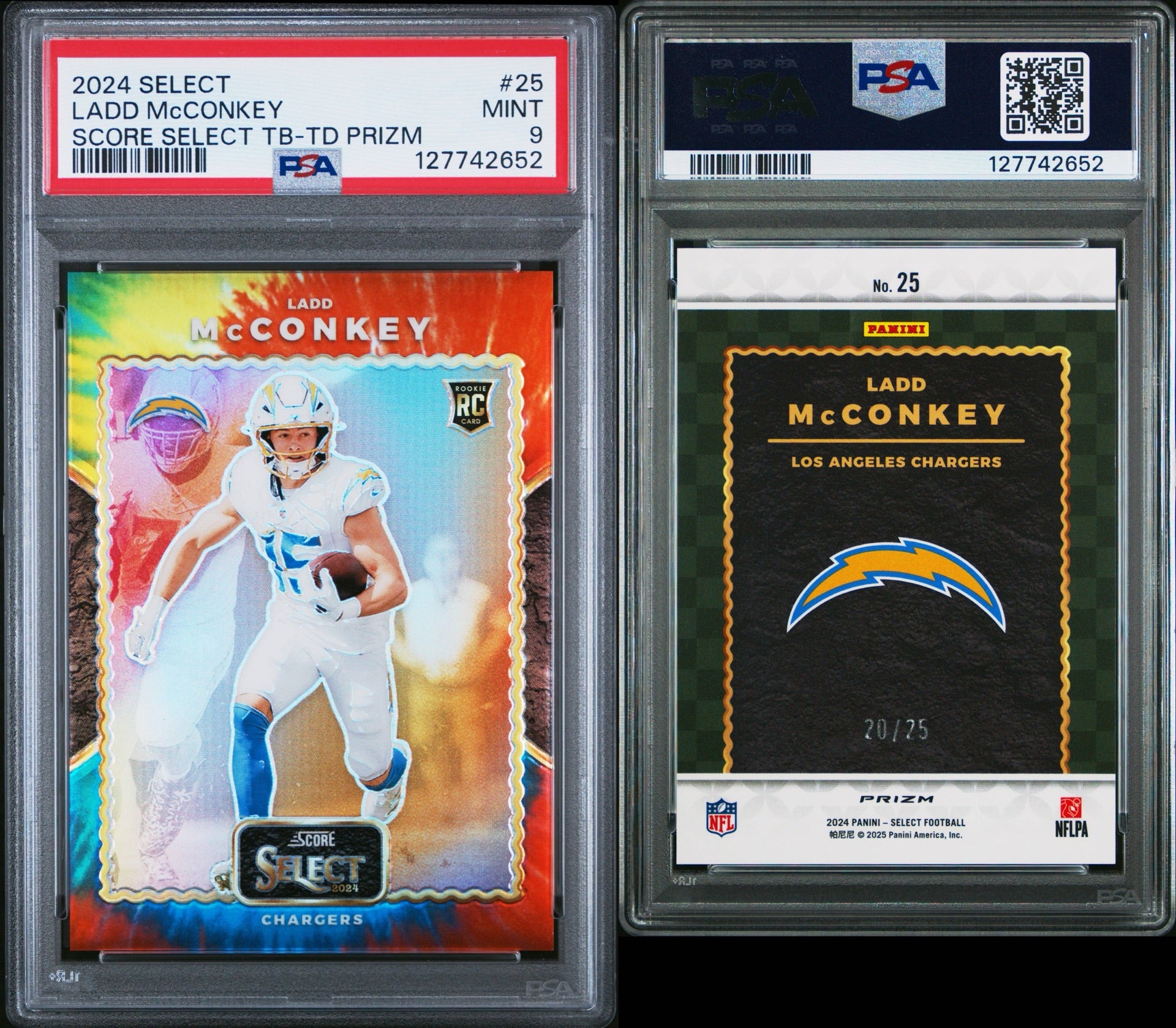 2024 PANINI SELECT SCORE SELECT THROWBACK #25 LADD MCCONKEY SCORE SELECT TB-TD PRIZM 20/25 PSA 9 MINT (SY)
