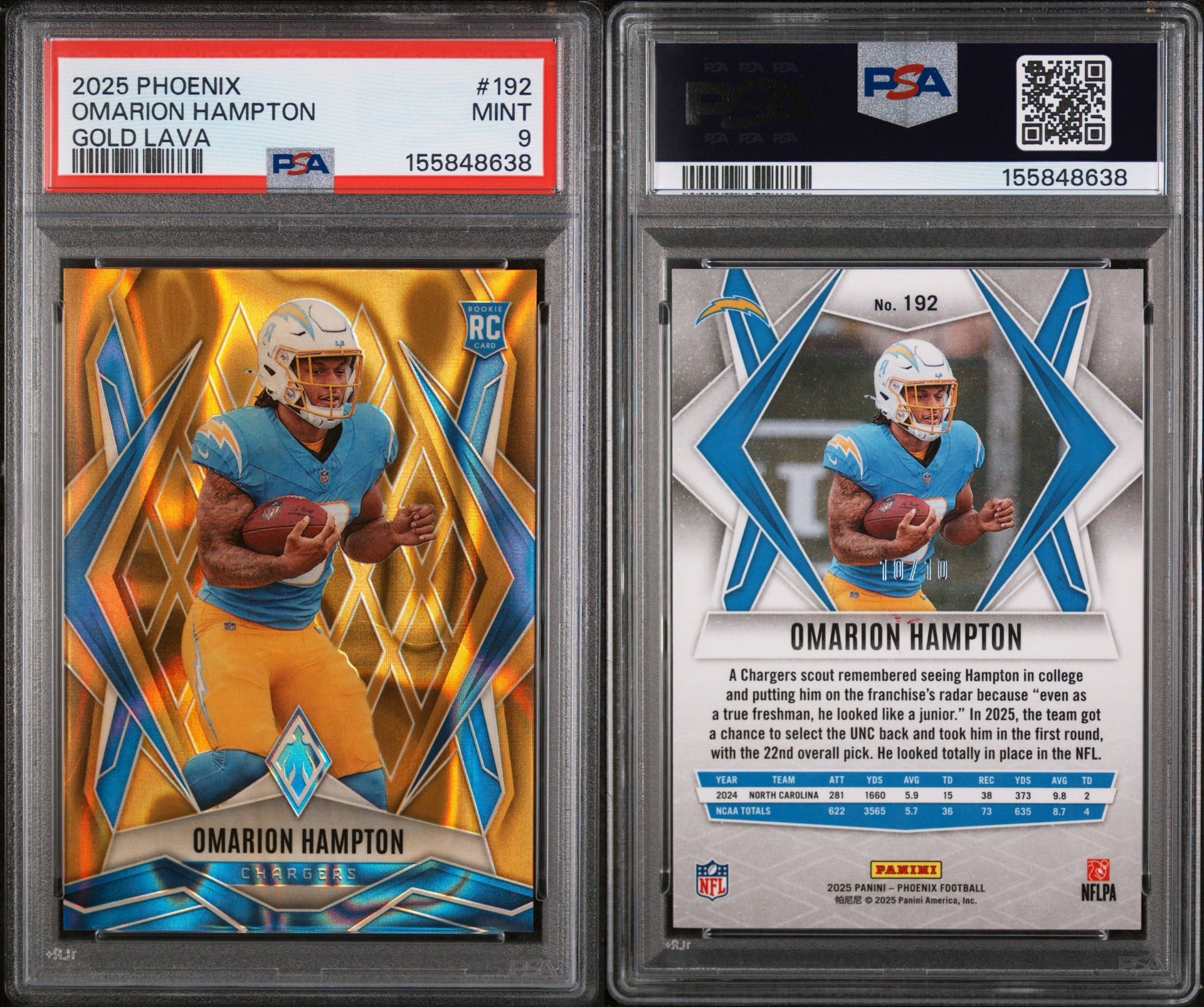 2025 PANINI PHOENIX #192 OMARION HAMPTON GOLD LAVA 10/10 BOOKEND PSA 9 MINT (SY)