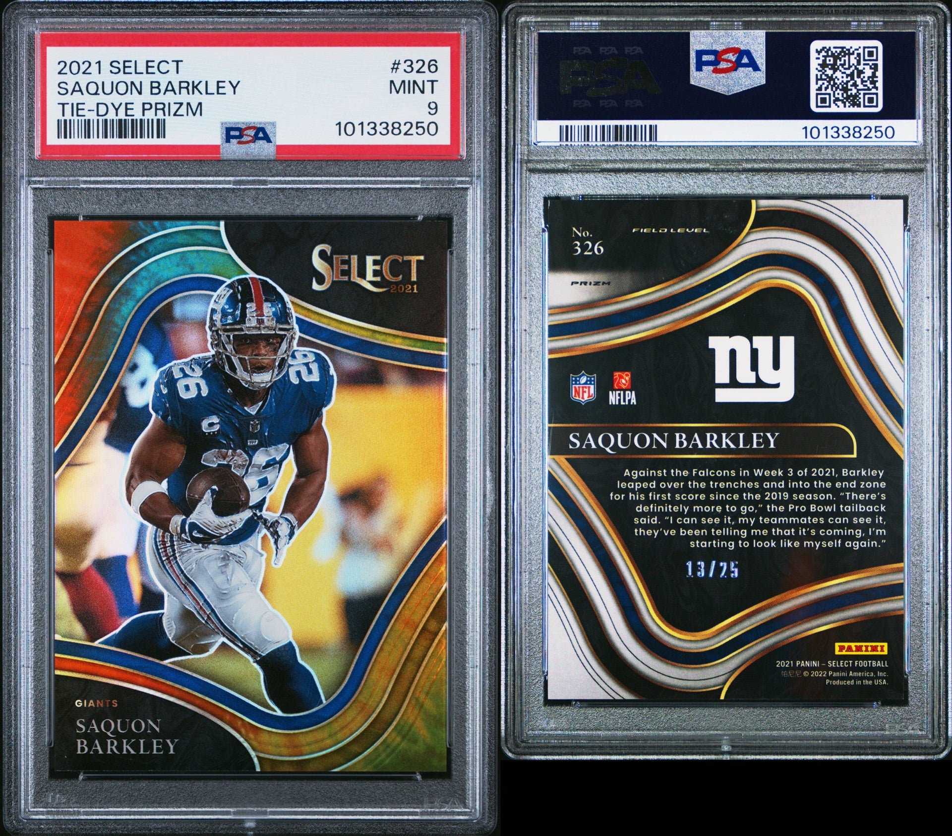 2021 PANINI SELECT #326 SAQUON BARKLEY TIE-DYE PRIZM 13/25 PSA 9 MINT (SY)