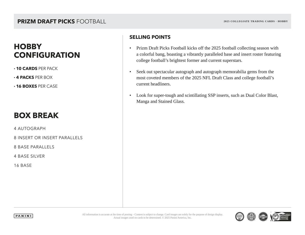 2025 Panini Prizm Draft Picks Football Hobby Box (12/3)